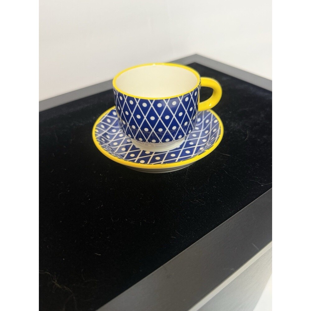 Selamica Bright Blue & White Pattern Porcelain Cup Saucer Dessert Plate